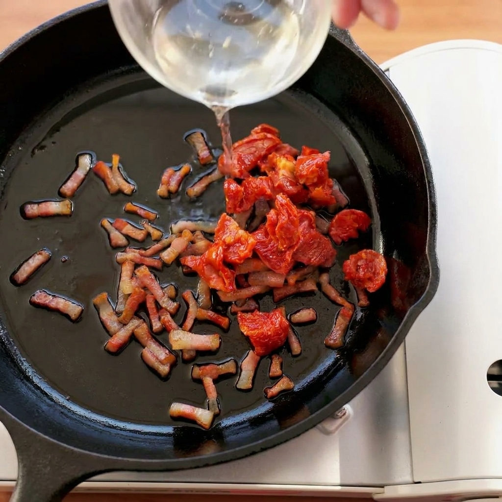 Suszone pomidory i chrupiące guanciale smażące się razem na żeliwnej patelni.