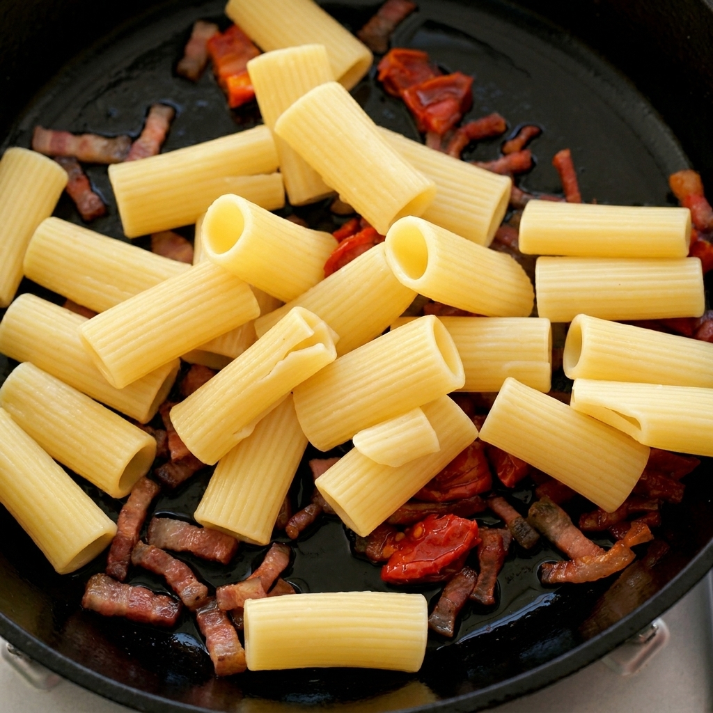 Ugotowany makaron rigatoni dodawany na patelnię z guanciale i suszonymi pomidorami.