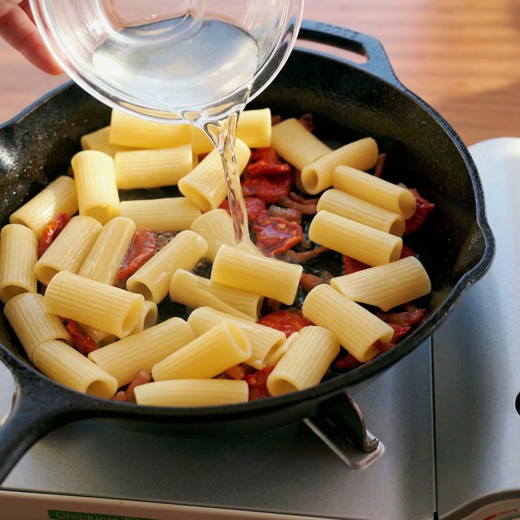 Wlewanie skrobiowej wody z makaronu ze szklanej miseczki na patelnię z rigatoni.