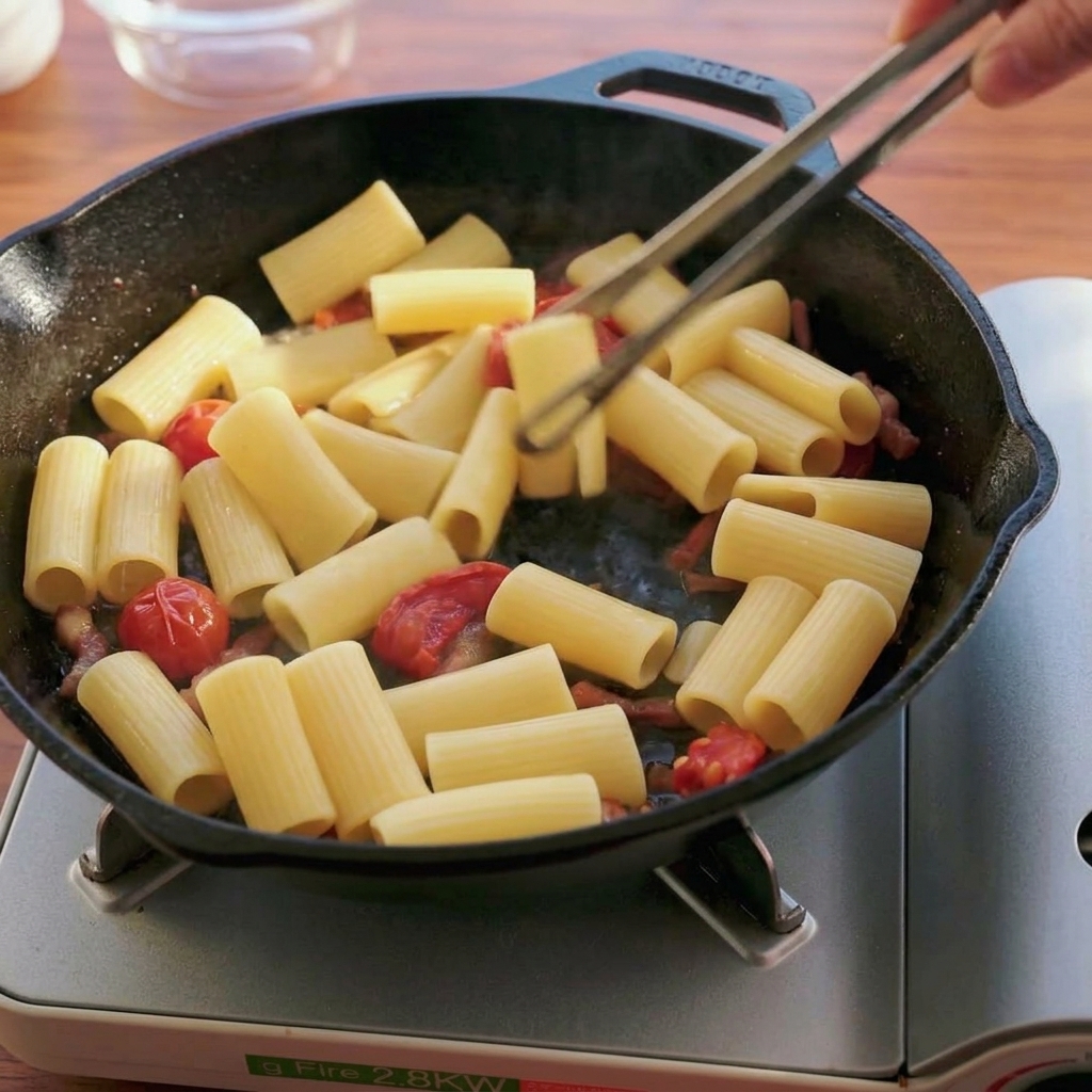 Szczypce mieszające makaron rigatoni z suszonymi pomidorami i guanciale na czarnej patelni.