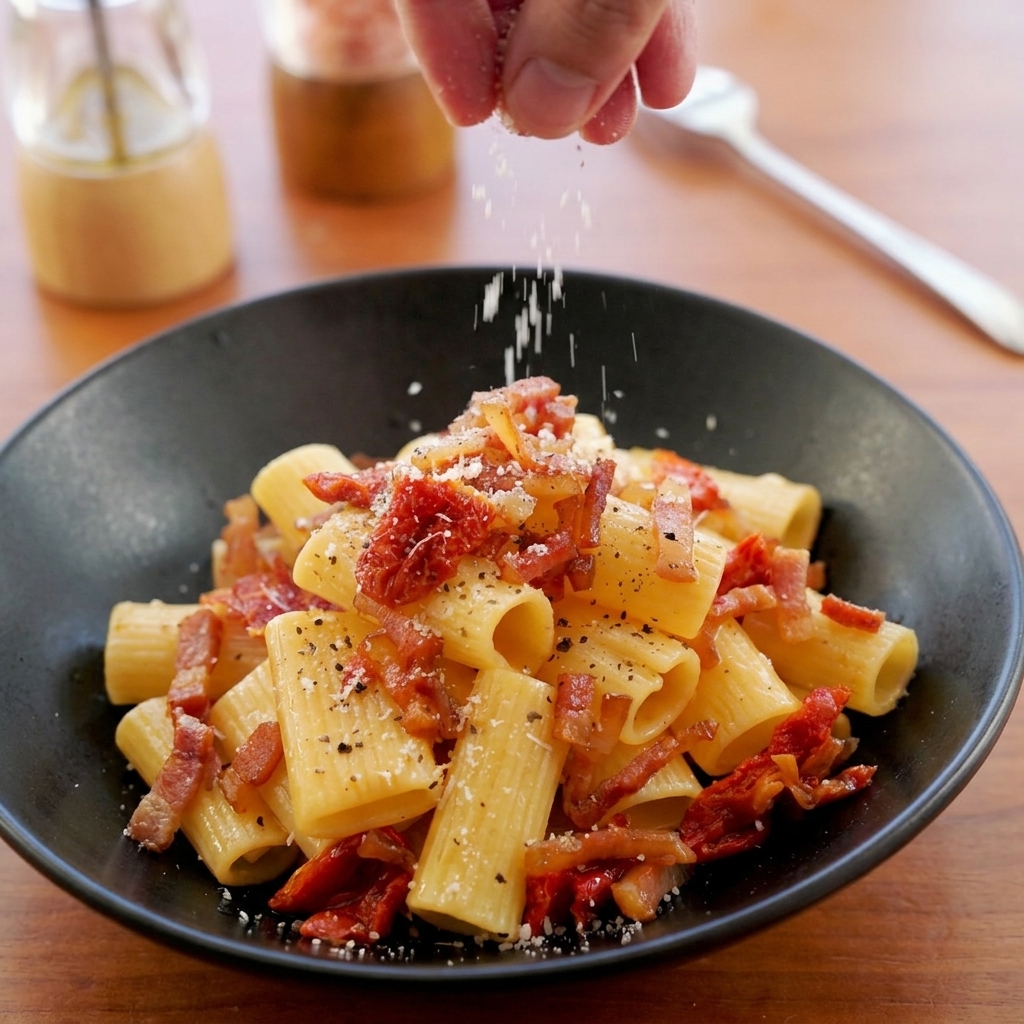 Ręka posypująca tartym serem miskę makaronu rigatoni z guanciale i suszonymi pomidorami.