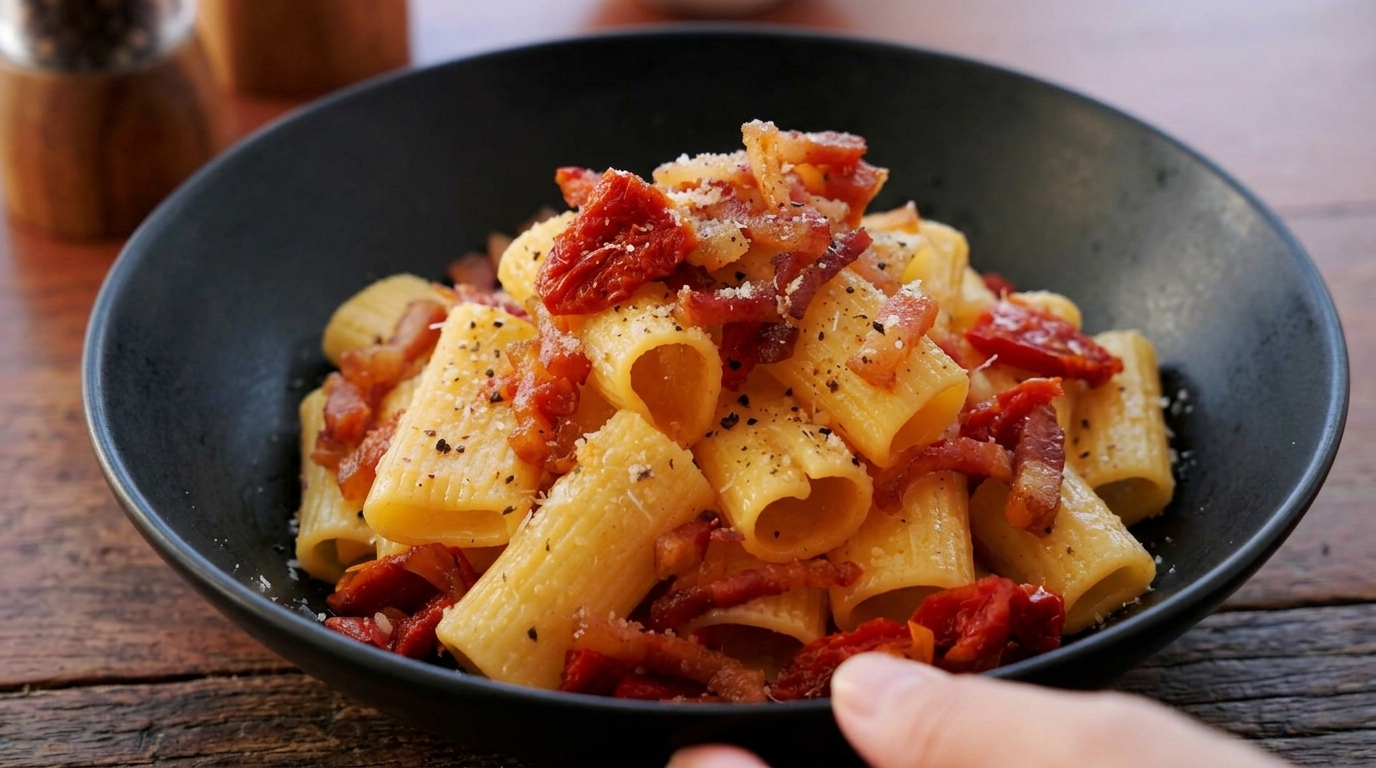 Klasyczne Rigatoni z Guanciale i Suszonymi Pomidorami