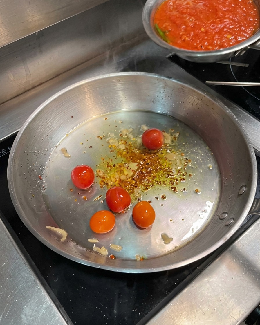 Wlewanie gotowego sosu pomidorowego na patelnię z pomidorkami i chili.
