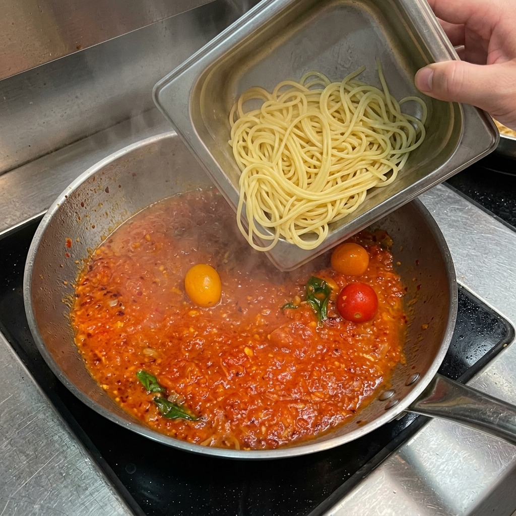 Ugotowane spaghetti dodawane do patelni z bulgoczącym sosem pomidorowym.