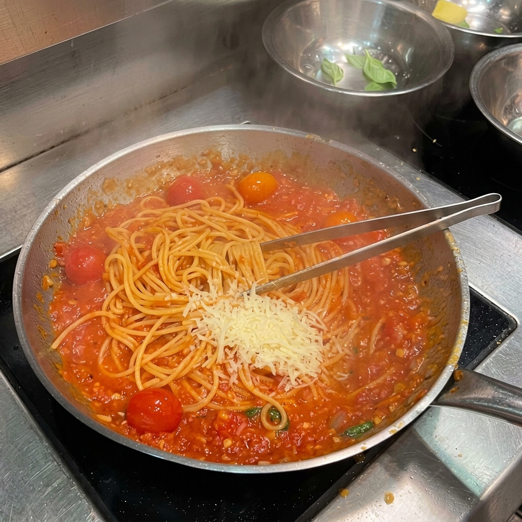 Makaron spaghetti z sosem posypany parmezanem z kawałkiem masła na wierzchu.