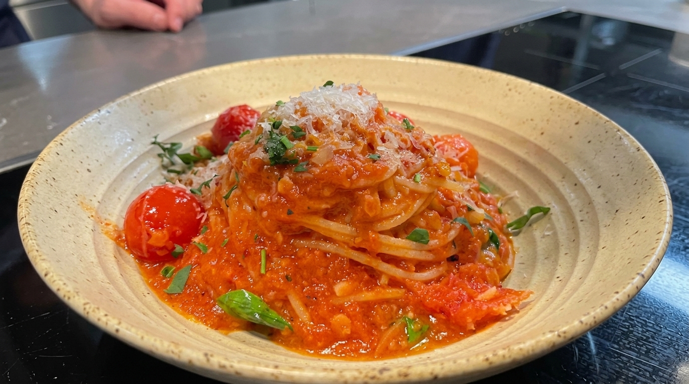 Domowe spaghetti z aromatycznym sosem pomidorowym i bazylią