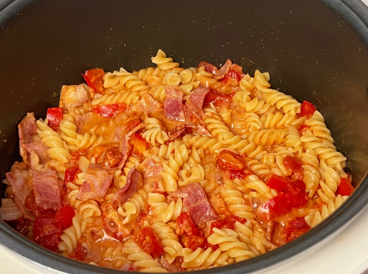 Ugotowany makaron fusilli w gęstym sosie pomidorowym z kawałkami boczku w ryżowarze.