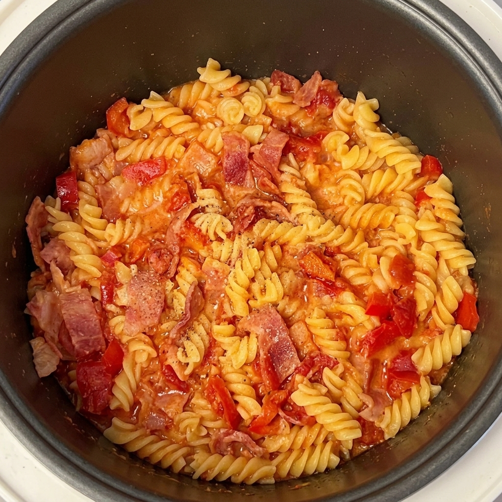 Ugotowany makaron fusilli w czerwonym sosie posypany czarnym pieprzem.