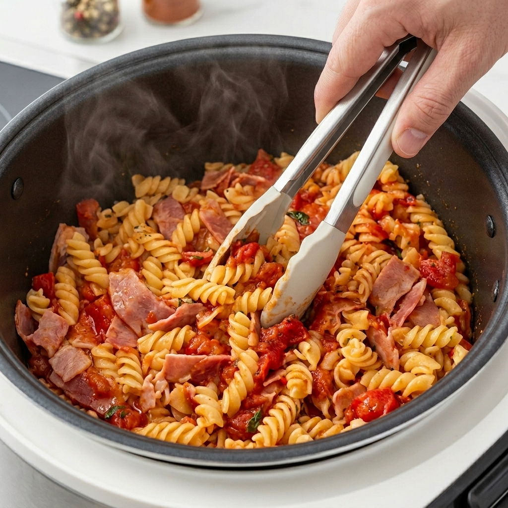 Dłonie mieszające szczypcami gorący makaron fusilli, pomidory i boczek w ciemnej misie.