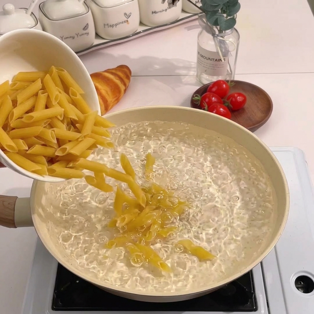 Suchy makaron penne wsypywany z białej miski do garnka z wrzącą wodą.