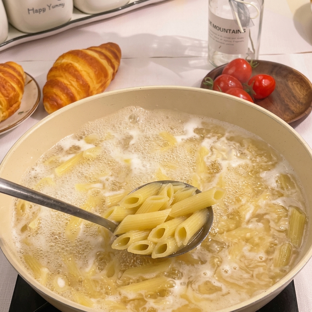 Metalowa łyżka cedzakowa wyjmująca ugotowany makaron penne z garnka z wodą.