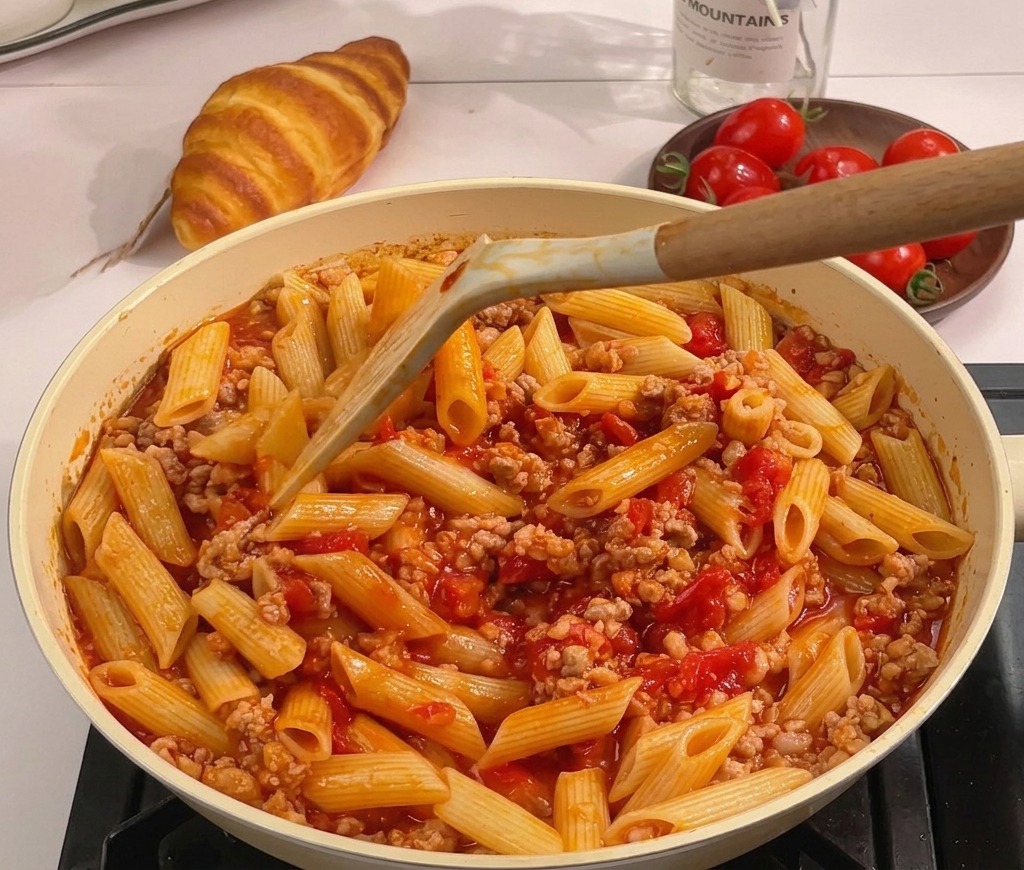 Łopatka mieszająca makaron penne z czerwonym sosem pomidorowym na szerokiej patelni.