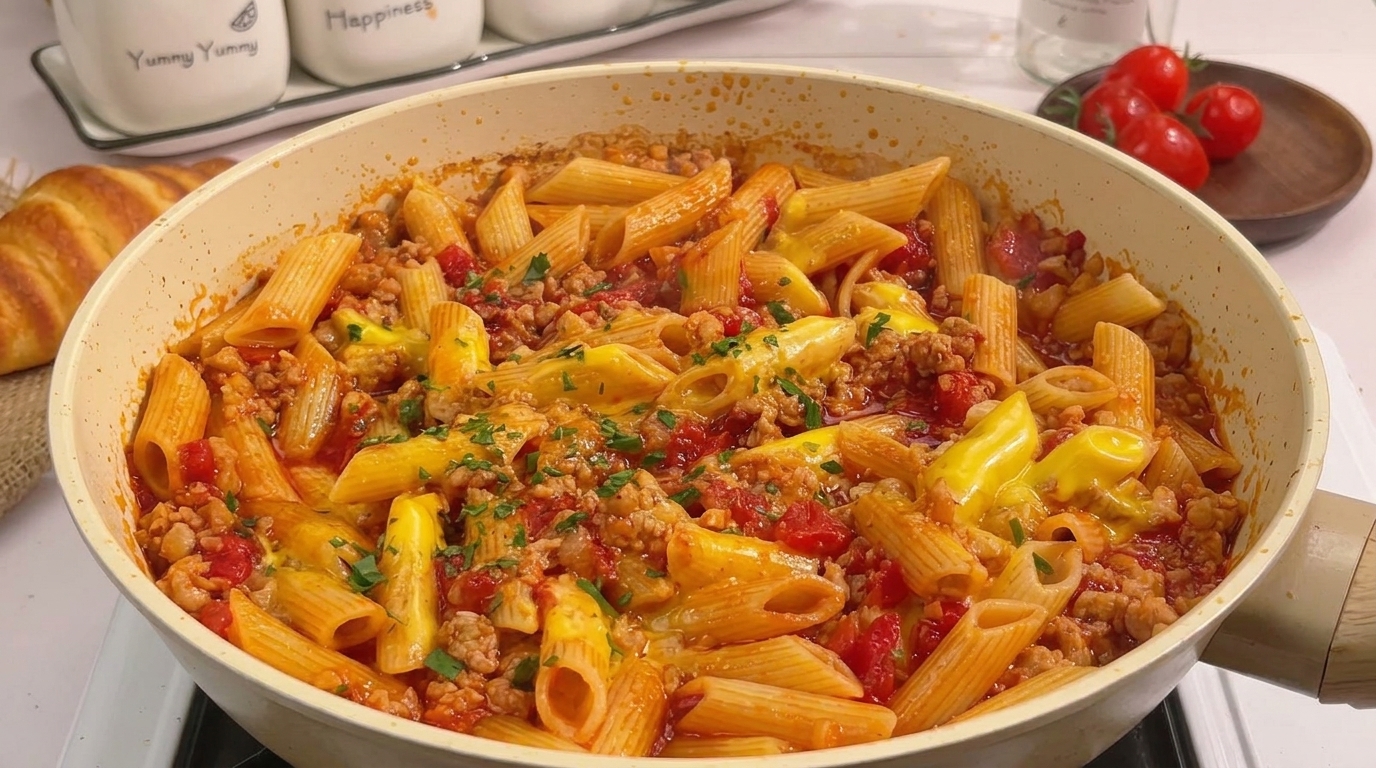 Serowe penne z pomidorami i mieloną wieprzowiną