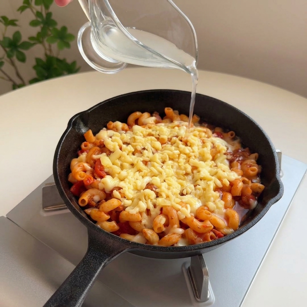 Woda z makaronu wlewana z małego szklanego dzbanka przy brzegach patelni wypełnionej makaronem z serem.