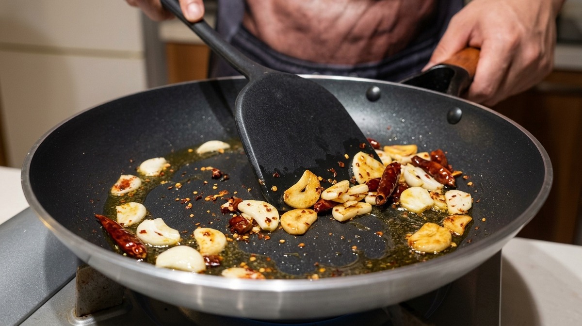 Posiekany czosnek i płatki chili smażące się na oleju na czarnej patelni.