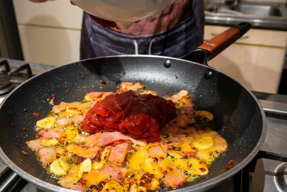 Gęsta czerwona pasta pomidorowa przekładana z miseczki na patelnię z boczkiem i czosnkiem.
