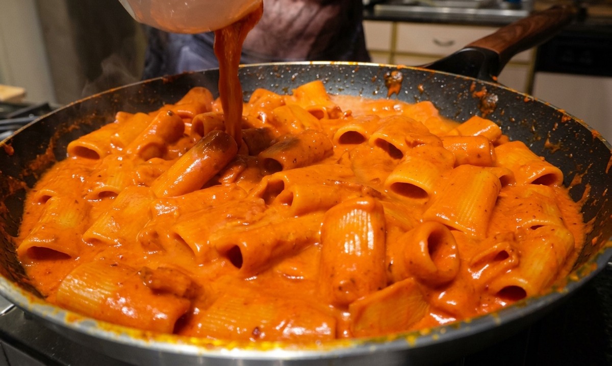 Wlewanie mętnej wody z gotowania makaronu do patelni z rigatoni.