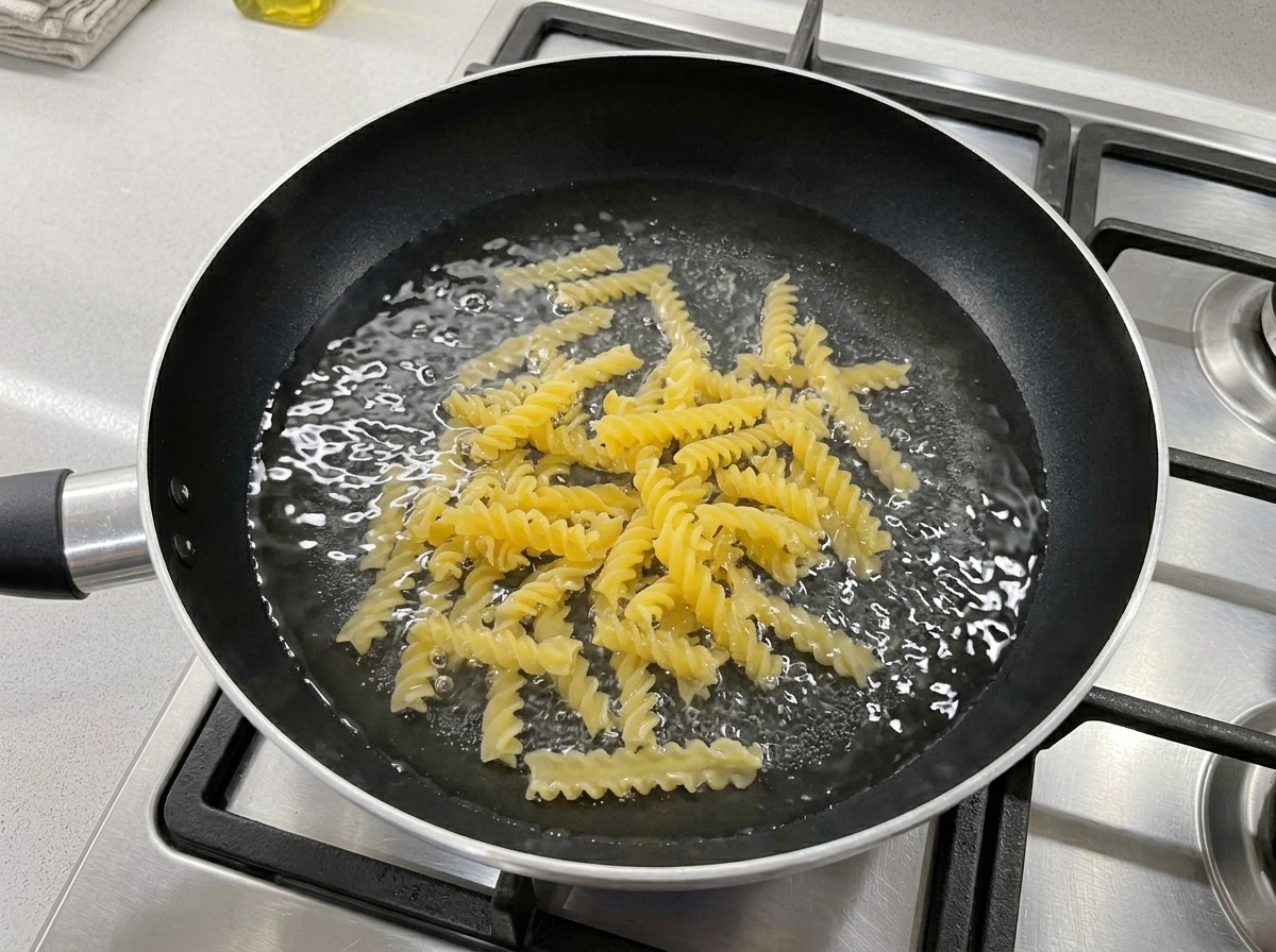 Suchy żółty makaron fusilli zalany zimną wodą na czarnej patelni na kuchence gazowej.