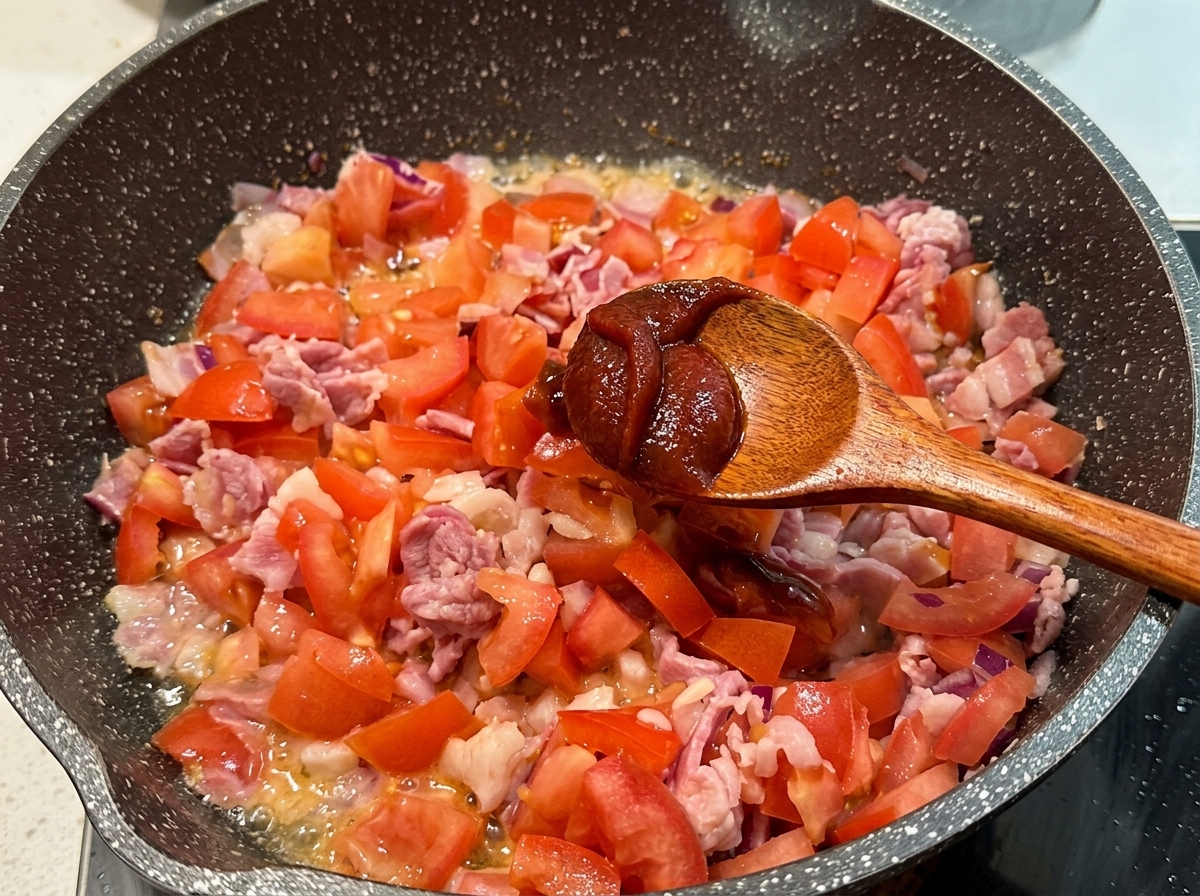 Drewniana łyżka nakładająca gęsty ketchup do sosu pomidorowego na patelni.