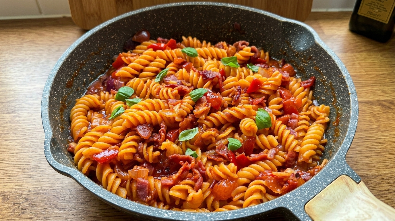 Makaron fusilli z boczkiem i pomidorami w sosie słodko-kwaśnym