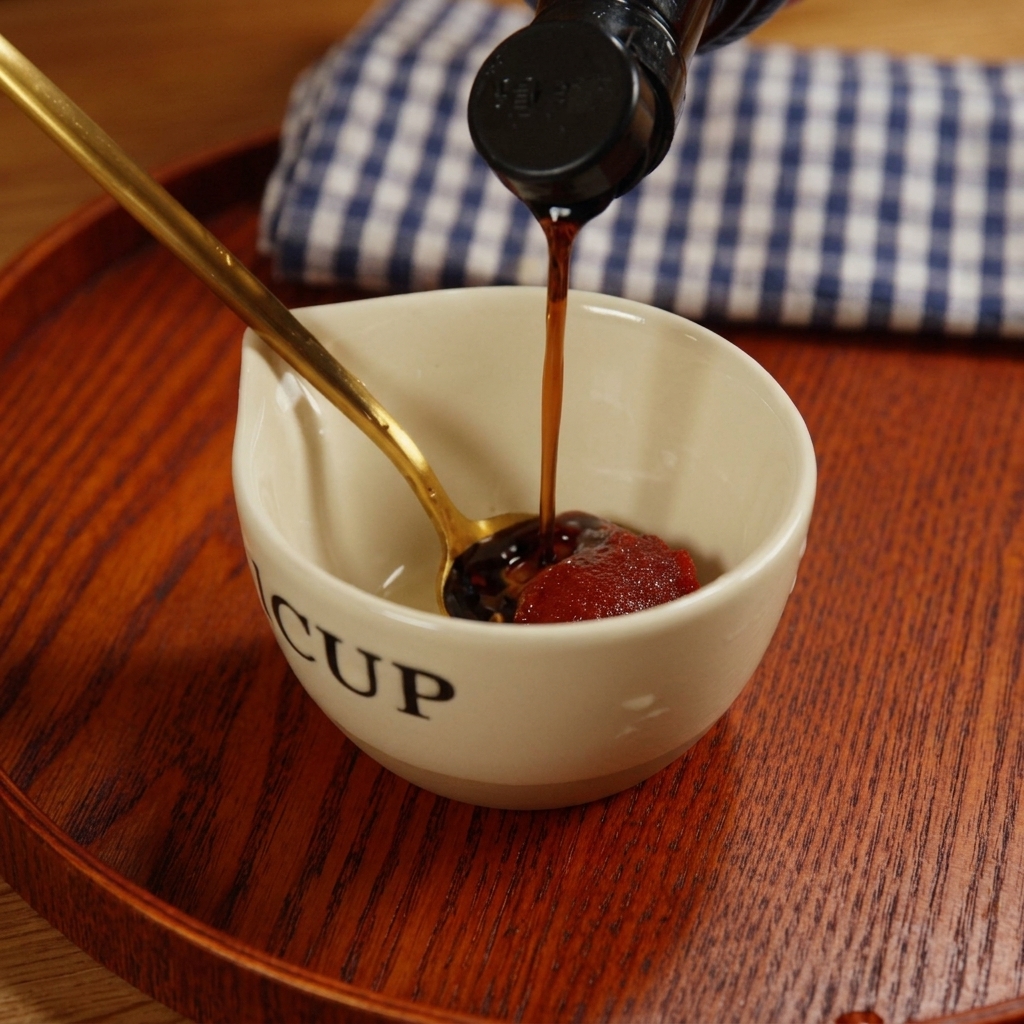 Wlewanie ciemnego sosu sojowego do miseczki z czerwoną pastą chili gochujang.