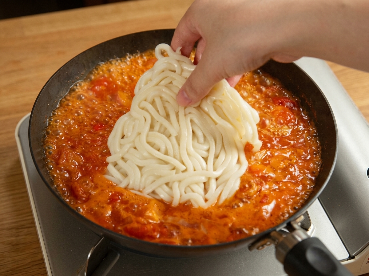 Dłoń wkładająca porcję grubego makaronu udon do czerwonego sosu na patelni.