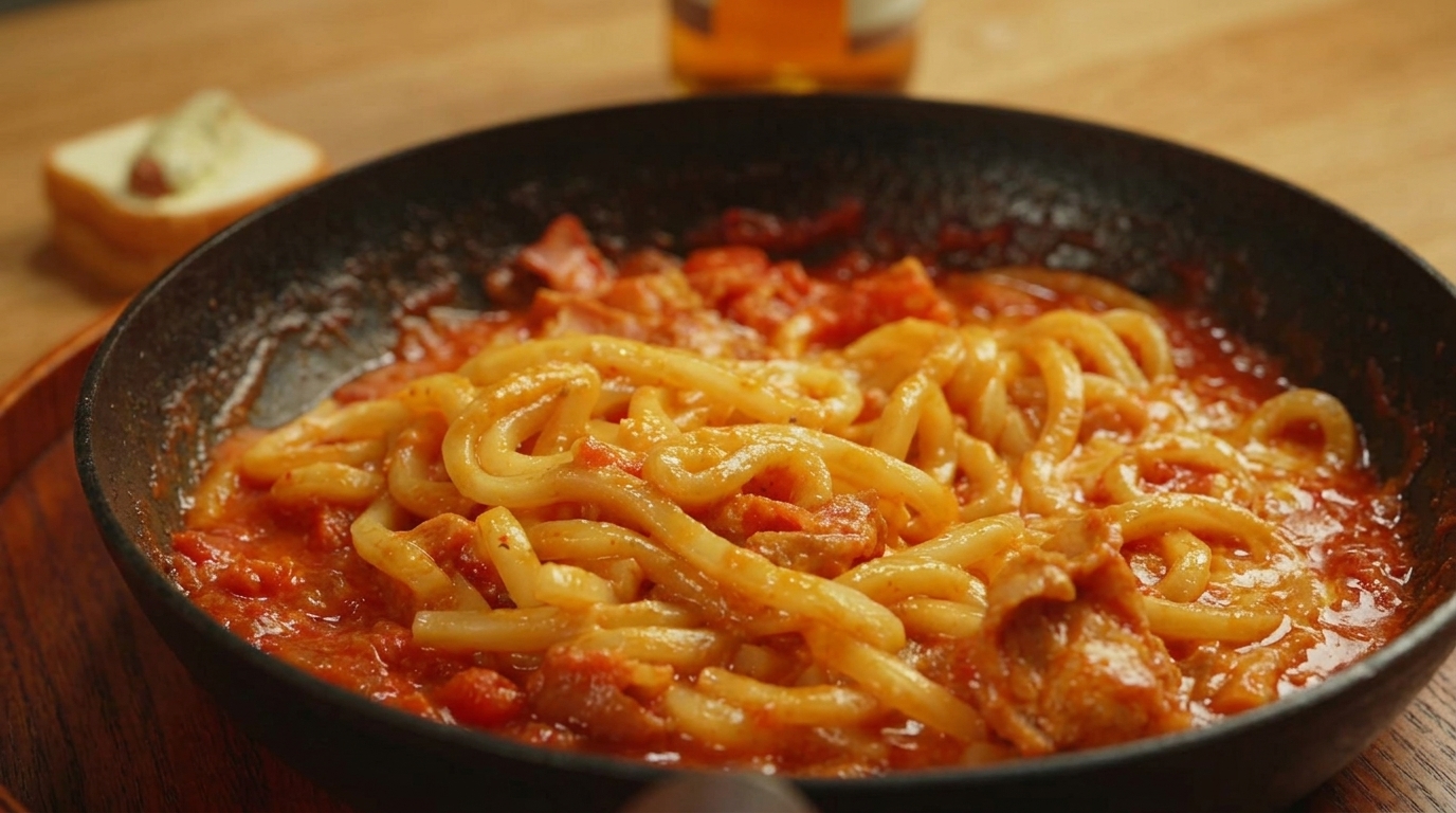 Serowy makaron udon z pomidorami i boczkiem