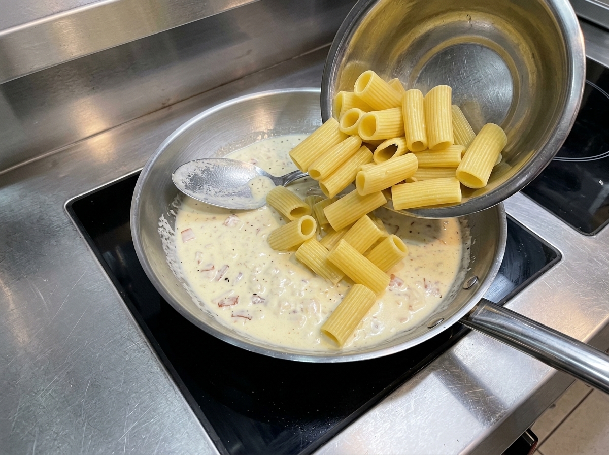 Ugotowany makaron rigatoni wsypywany z metalowej miski do patelni z sosem.