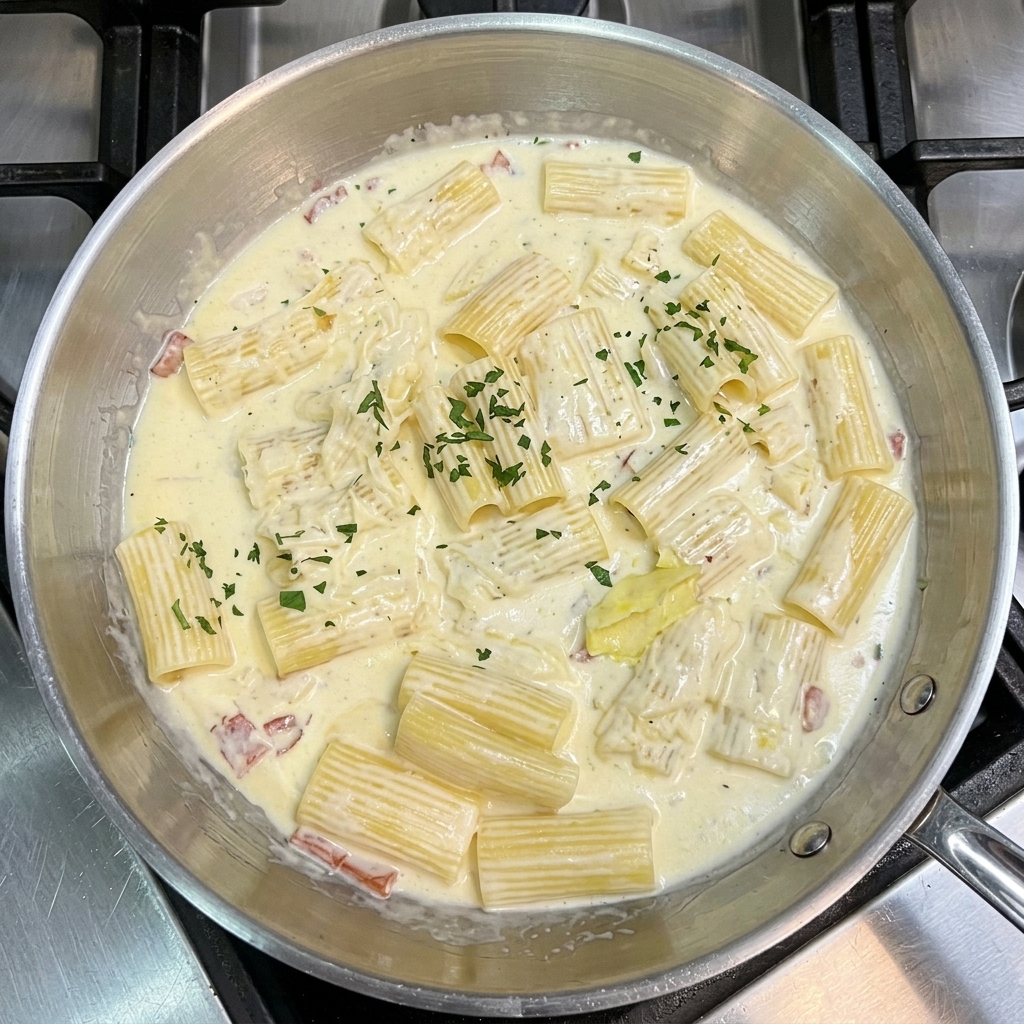 Makaron rigatoni w białym sosie z boczkiem, posypywany świeżą zieloną pietruszką na patelni.