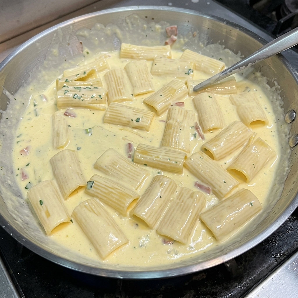 Makaron rigatoni dokładnie pokryty gęstym sosem kremowym z boczkiem i pietruszką, z ułożonymi na wierzchu plastrami kurczaka.