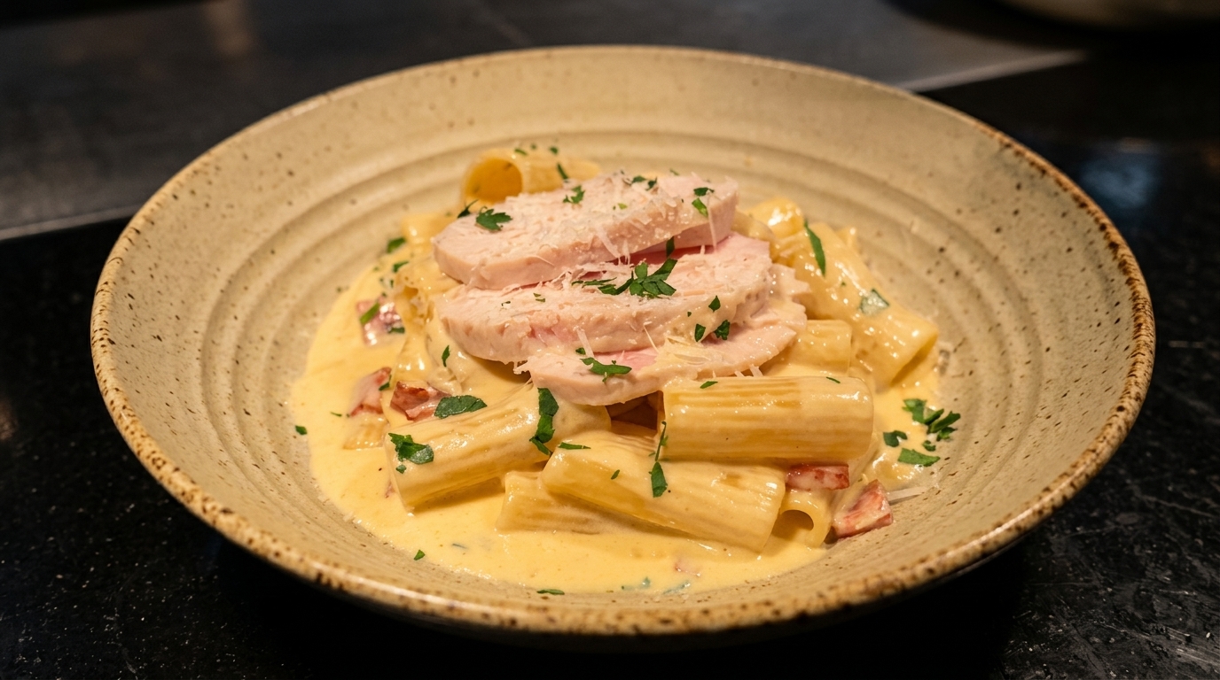 Kremowe rigatoni z boczkiem i plastrami kurczaka