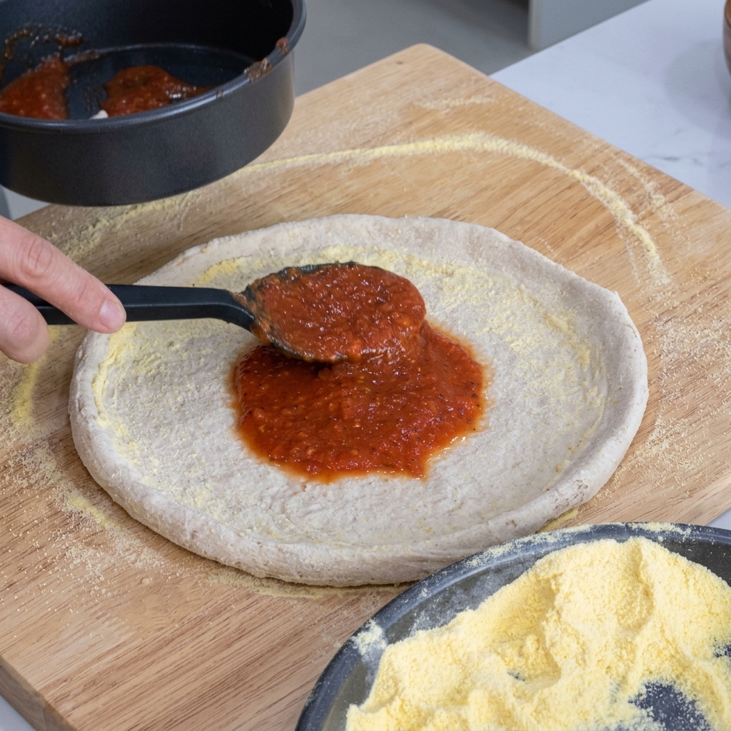 Rozprowadzanie łyżką czerwonego sosu pomidorowego na spodzie pizzy.