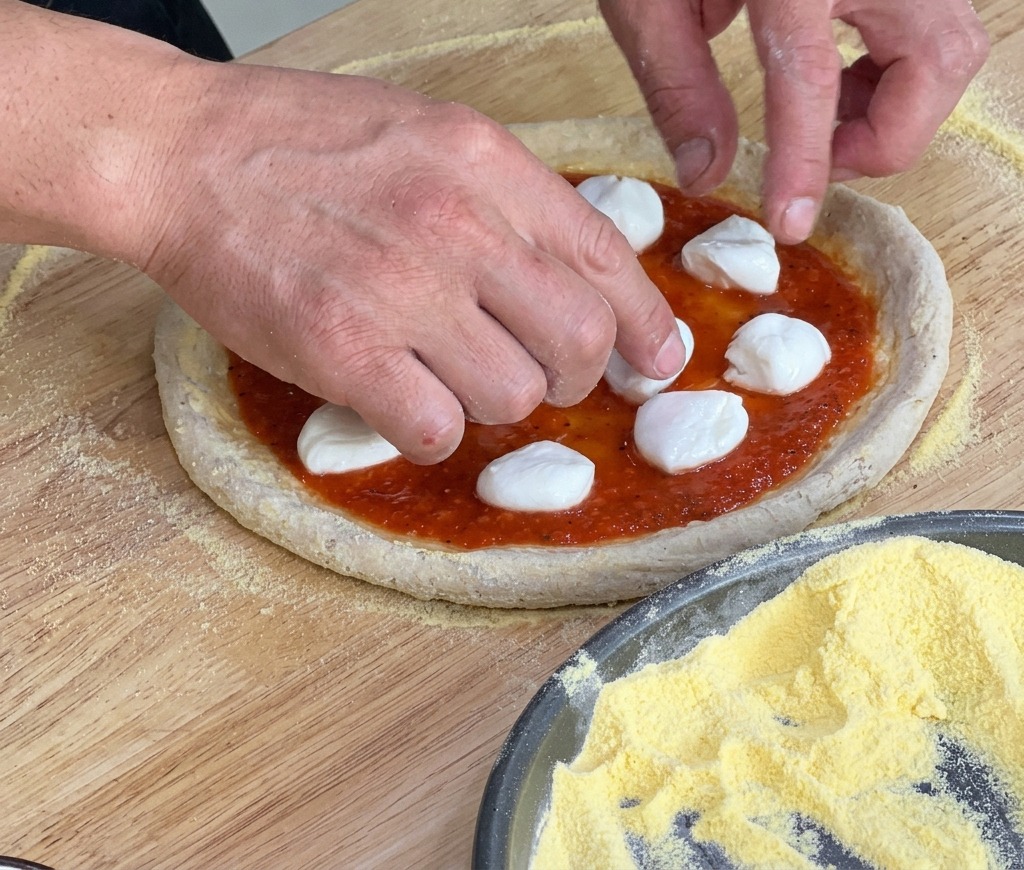 Układanie kawałków białej mozzarelli di bufala na sosie pomidorowym.