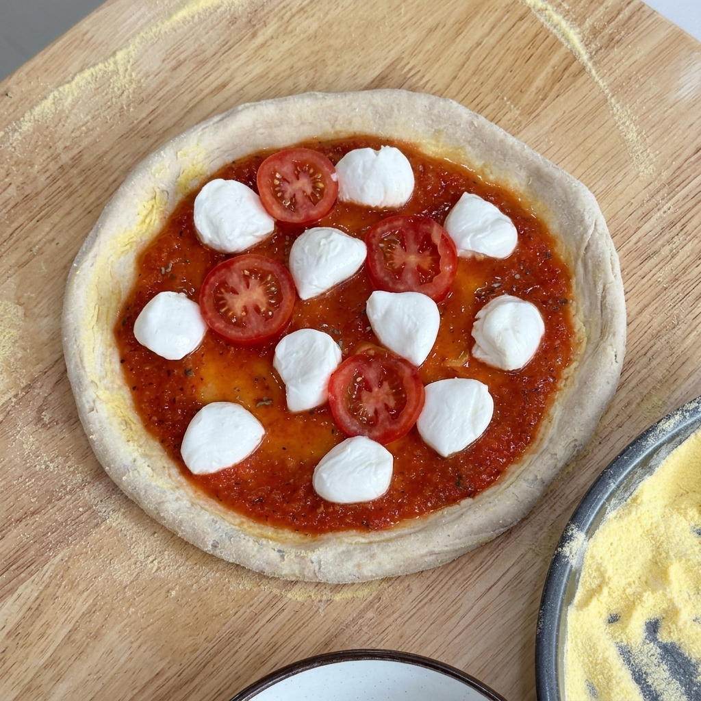Spód pizzy z sosem, mozzarellą i rozłożonymi plasterkami pomidorków.