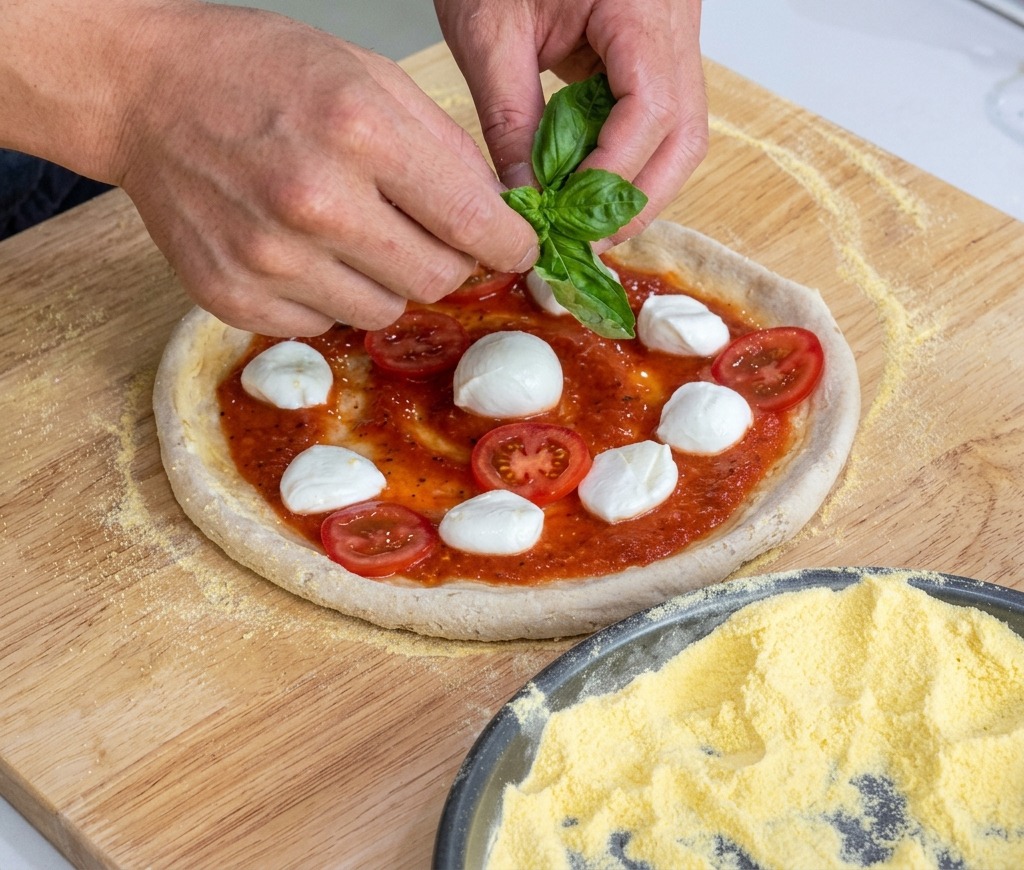 Dłonie układające listki świeżej zielonej bazylii na wierzchu pizzy.
