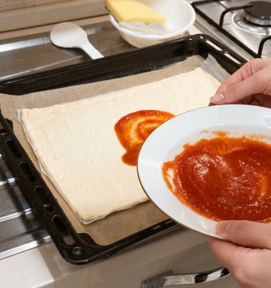 Dłoń trzymająca biały talerz z czerwonym sosem pomidorowym podczas nakładania łyżki sosu na środek surowego spodu pizzy.