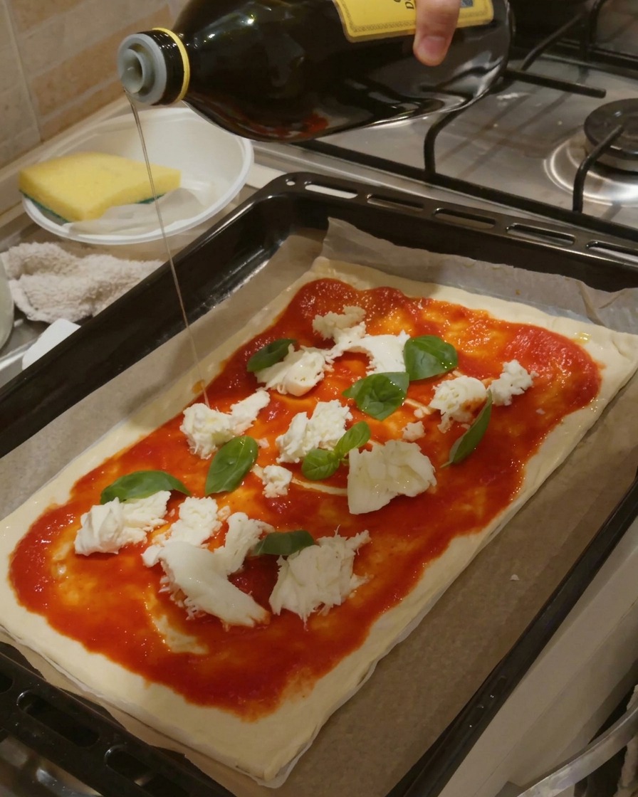Dłoń polewająca oliwą z zielonej butelki surową pizzę Margherita na blasze do pieczenia.