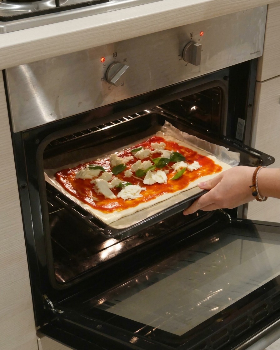Dłonie wsuwające blachę z surową pizzą Margherita do gorącego piekarnika.