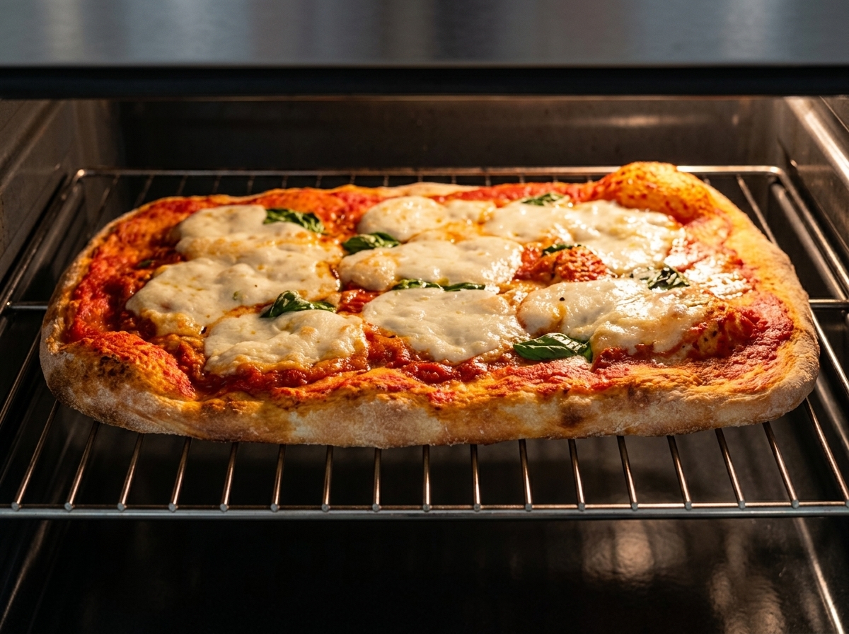 Pizza Margherita piekąca się w piekarniku z bulgoczącym sosem i roztapiającą się mozzarellą na złocistym cieście.