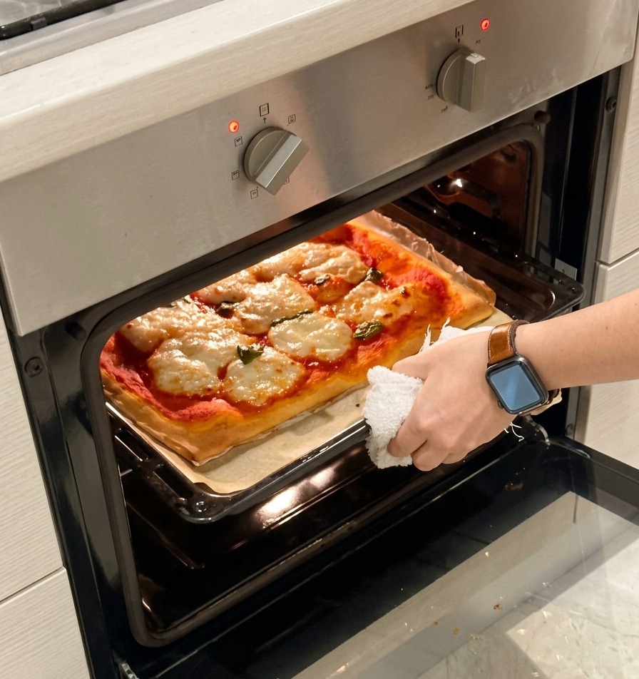 Dłonie używające białego ręcznika do ostrożnego wyjęcia świeżo upieczonej pizzy Margherita z gorącego piekarnika.