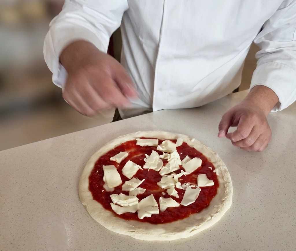 Kawałki świeżej białej mozzarelli rozrzucone na spodzie do pizzy z sosem pomidorowym.