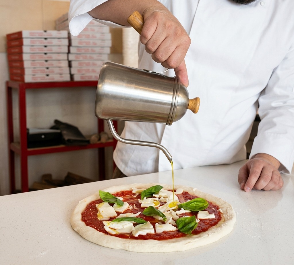 Kucharz polewa oliwą z oliwek surową pizzę z sosem, mozzarellą i bazylią.