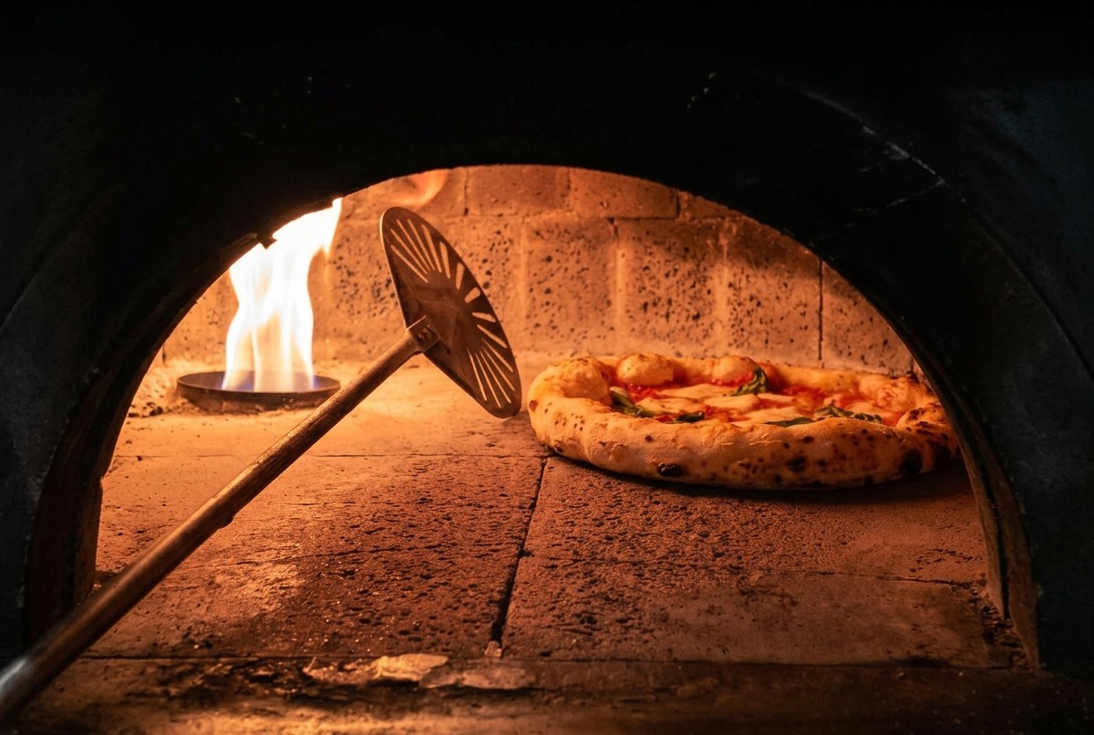 Pizza Margherita piecze się w piecu opalanym drewnem, jej brzegi bąblują obok otwartego ognia.