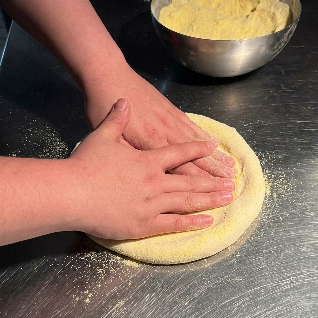 Obie dłonie dociskające okrągłe ciasto na pizzę do metalowego blatu posypanego mąką.