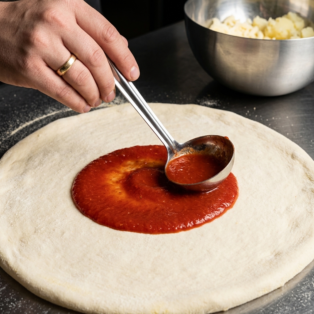 Metalowa chochla wylewająca czerwony sos pomidorowy na środek spodu pizzy.