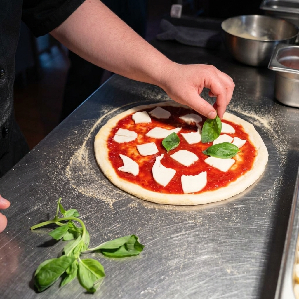 Dłoń kładąca świeże liście zielonej bazylii na pizzy z sosem i serem.