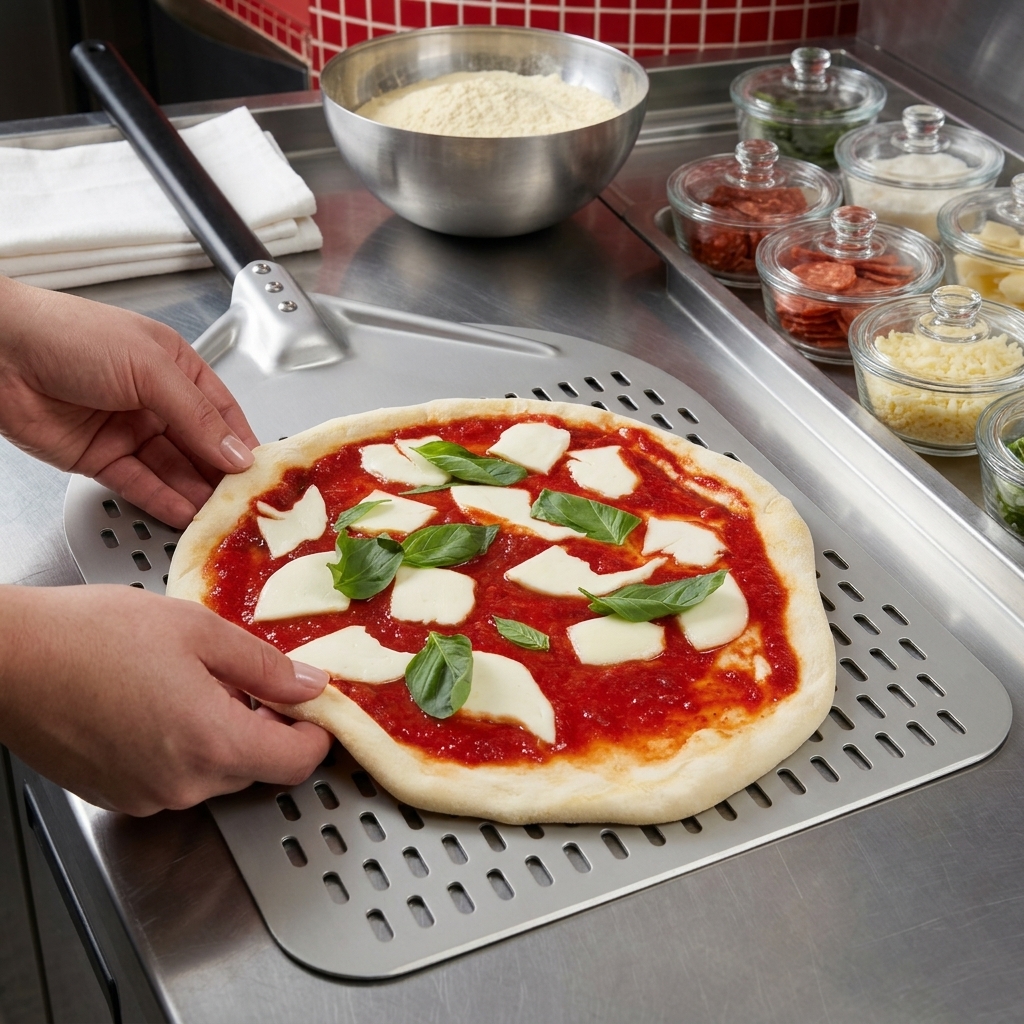 Dłonie rozciągające brzegi surowej pizzy na perforowanej metalowej łopacie.