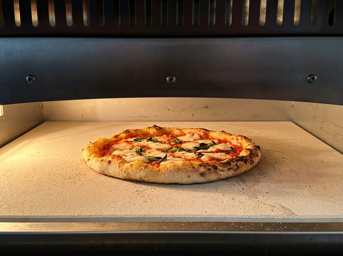 Pizza piekąca się na kamiennym dnie pieca, z widocznie wyrastającym i rumieniącym się brzegiem.