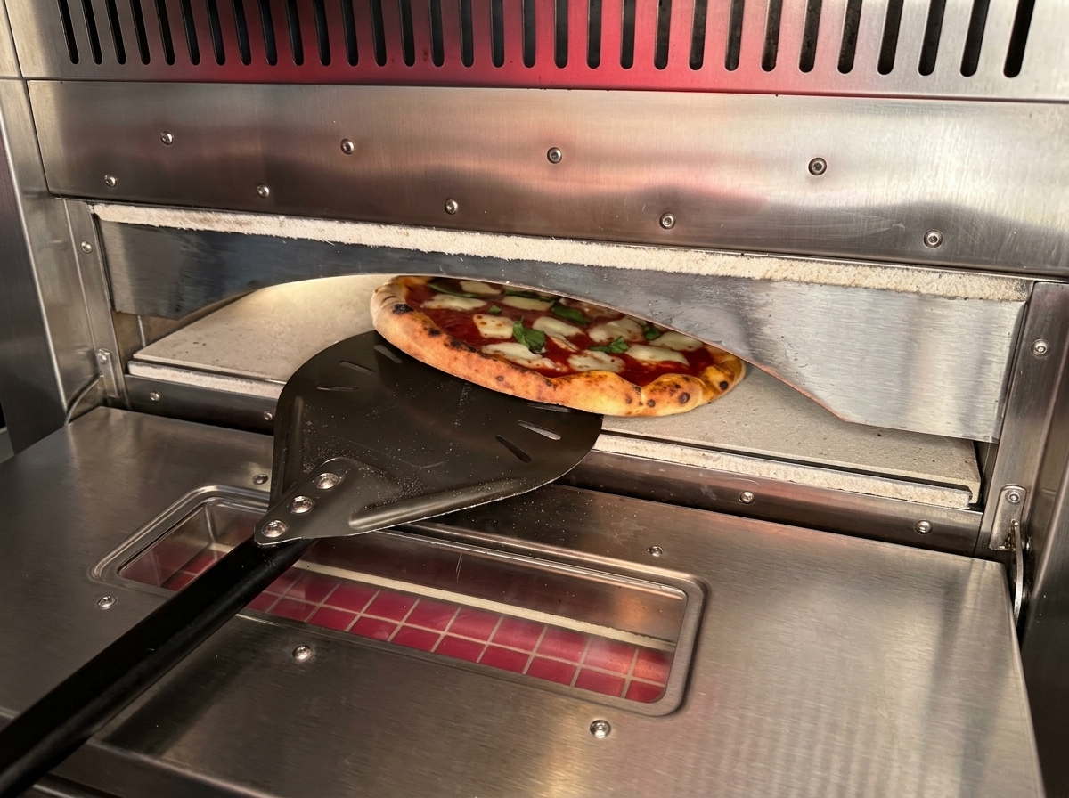 Upieczona pizza z pęcherzami na brzegach wyciągana z pieca na metalowej łopacie.