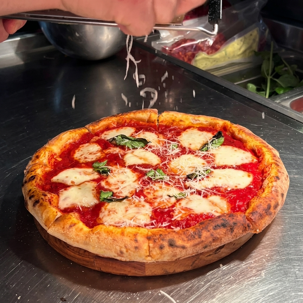 Osoba używająca tarki do posypania parmezanem kawałków pizzy na drewnianej desce.